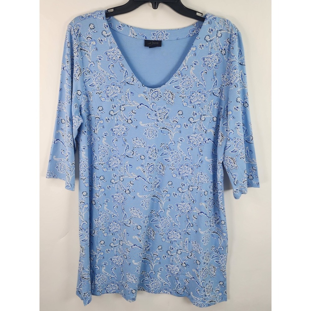 J. Jill Wearever Collection Floral Blue Top Women's M 1/2 Sleeve Stretch Tunic